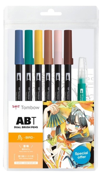 Tombow ABT sada oboustranných fixů Manga Bird 6 ks + vodní štětec