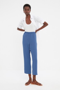 Trendyol Navy Blue Rovné tkané kalhoty vysokým pasem elastickým pasem