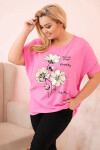Dámská blůza Plus Size z viskózy s květinovým potiskem a nápisem růžová UNI