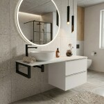 CERANO - Koupelnová skříňka Velora - bílá matná, úchytka chrom + deska pod umyvadlo z lit. mramoru Elanys - 12 mm + konzole černá - 140x54,2x46,5 CER-679370