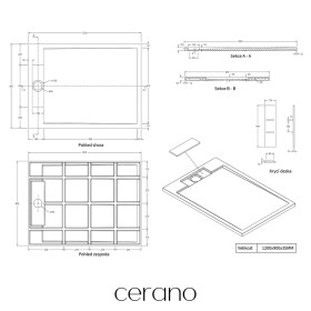 CERANO - Sprchová vanička samonosná obdélníková Loro - litý mramor - antracitová - 120x90 - s nožičkami CER-680586
