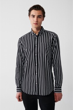 Avva Men's Black 100% Cotton Oxford Buttoned Collar Striped Standard Fit Regular Cut Shirt