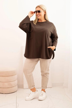 Dámská blůza Plus Size s bavlnou, kapsou a ohrnovacími rukávy hnědá UNI