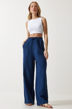 Happiness İstanbul Women's Navy Blue Muslin Palazzo Trousers