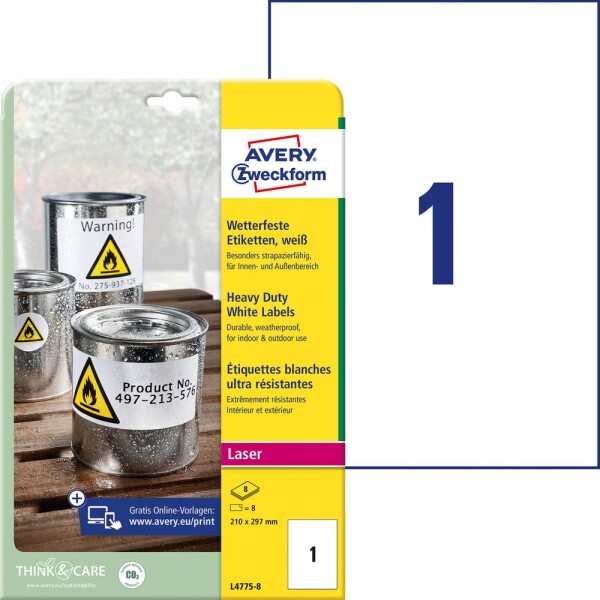 Avery-Zweckform L4775-8 Fóliové etikety 210 x 297 mm poylesterová fólie bílá 8 ks trvalé barevná laserová tiskárna, laserová tiskárna, barevná kopírka,