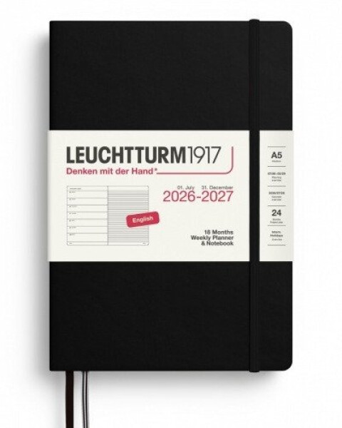 Týdenní plánovač Zápisník Black, Medium A5 2027, 18měs., anglicky