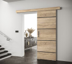 Posuvné dveře Salwador IV Dveře: Bíle mat, Pásky / úchyty: Černá, Horní pojezdová lišta: Dub artisan