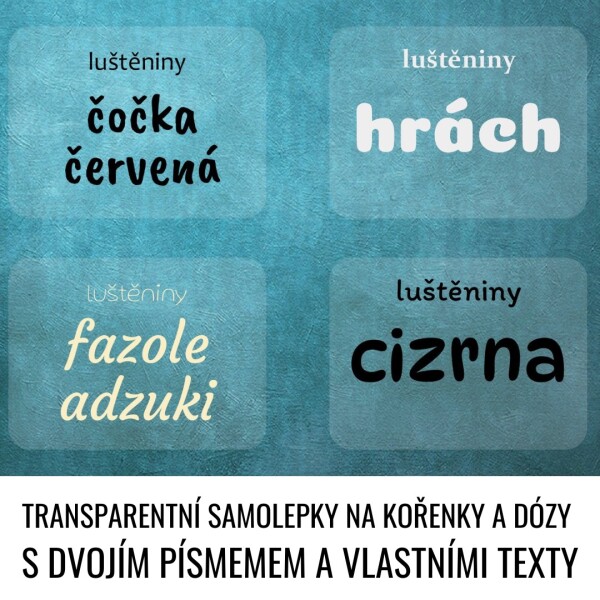 TRANSPARENTNÍ DOUBLE NÁPISY sada 47x35mm (15ks) na kořenky, dávkovač i dózy