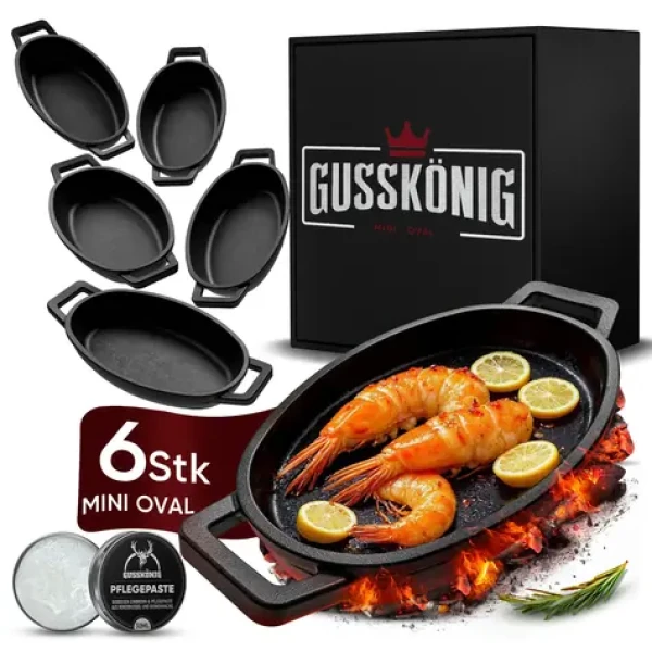 GUSSKÖNIG Sada oválných mini litinových pánviček 6× 11,7 cm / Sada litinových pánviček / vypálené / do trouby i na gril (GK-52)
