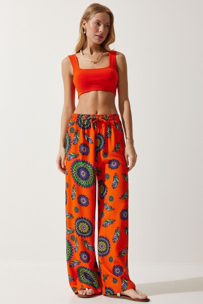 Happiness İstanbul Women's Orange Purple Patterned Flowing Viscose Palazzo Trousers