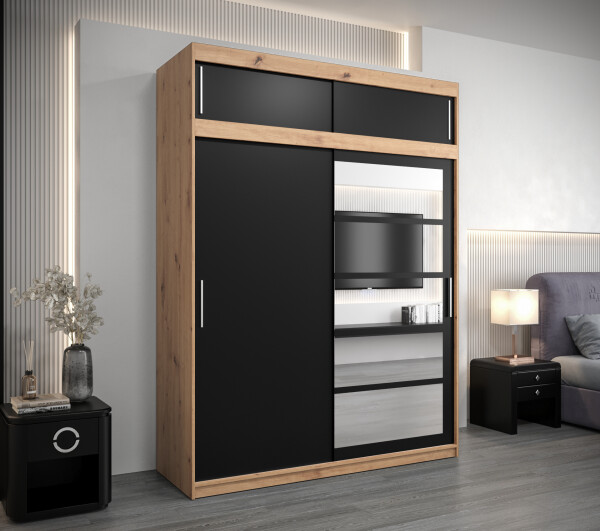 Šatní skříň Abi Ro1 s nástavcem Barva korpusu: Dub artisan, Rozměry: 200 cm, Dveře: Černá
