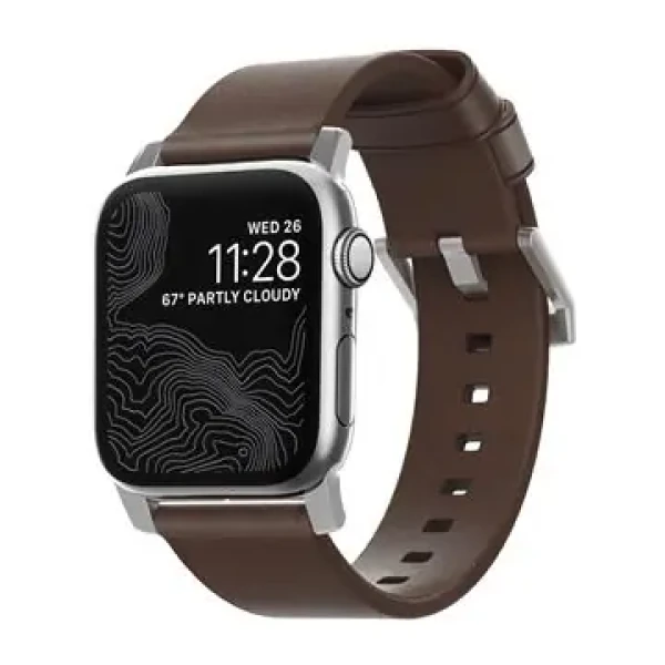 Nomad Leather kožený řemínek pro Apple Watch (42 44 mm) hnědá kůže stříbrná přezka (NM1A4RSM00)