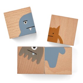 LIEWOOD Dřevěné kostky s obrázky Aage Puzzle Monster, modrá barva, šedá barva, hnědá barva, přírodní barva, dřevo