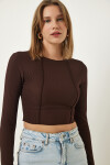 Happiness İstanbul Brown Piping Ribbed Crop Blouse