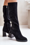 Zdobené dámské kozačky nad kolena zateplené na podpatku černé MR880-158 39