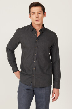 AC&Co / Altınyıldız Classics Men's Anthracite Slim Fit Slim Fit Buttoned Collar Flannel Lumberjack Winter Shirt