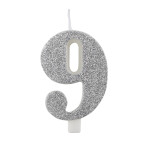Svíčka číslo 9 stříbrná s glitrem Svíčka číslo 9 stříbrná s glitrem