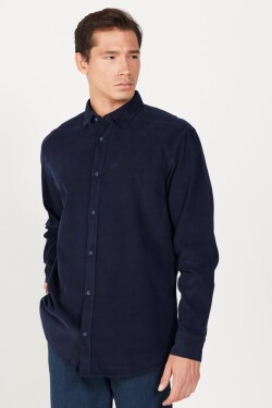 ALTINYILDIZ CLASSICS Men's Navy Blue Comfort Fit Comfy Cut Hidden Button Collar 100% Cotton Shirt