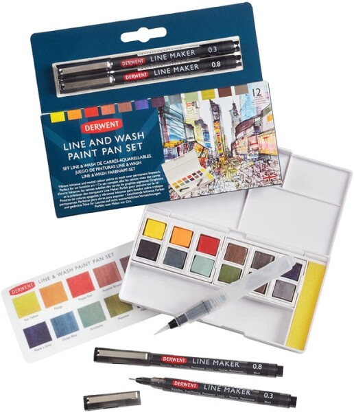 Derwent Line and Wash Paint Set akvarelové barvy a 2 linery