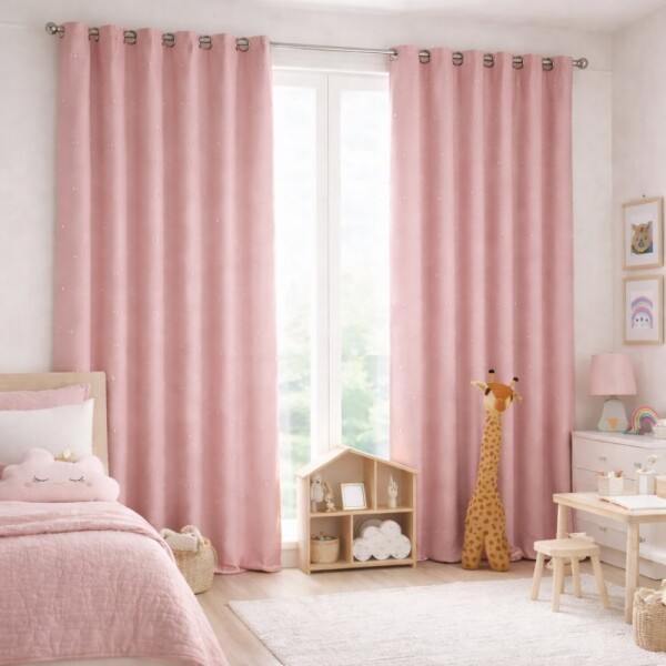 Růžový dětský závěs na kroužcích s výšivkou mašliček Šířka: 140 cm | Délka: 250 cm