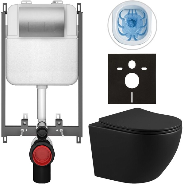 CERANO - Kompletní WC set Basic/Cesso - černá matná - WC tlačítko Modulo/Stříbrná - pro zazdění - 49x36 CER-8050BD86371