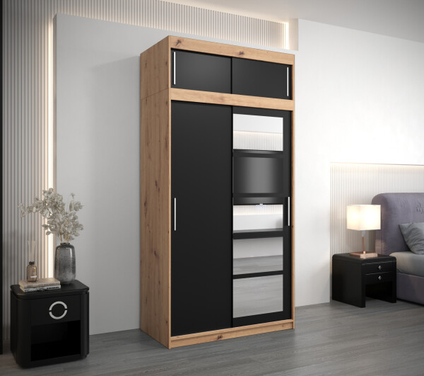 Šatní skříň Abi Ro1 s nástavcem Barva korpusu: Dub artisan, Rozměry: 100 cm, Dveře: Černá