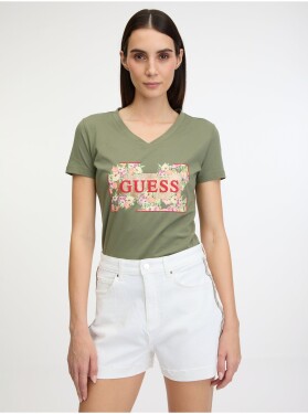 Khaki dámské tričko Guess Logo Flowers