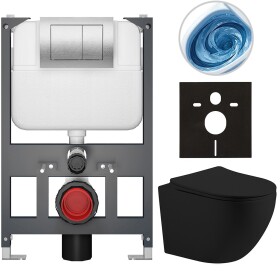 CERANO - Kompletní WC set Basic/Cesso - černá matná - WC tlačítko Maxio/Stříbrná - závěsné - nízký modul - předstěnová instalace - 49x36 CER-8050BD86224