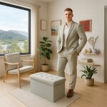 Taburet s úložným prostorem, krémová manšestrová látka