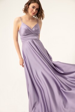 Lafaba Women's Lilac Long Satin Evening Dress Prom Dress with Thread Straps and Waist Belt