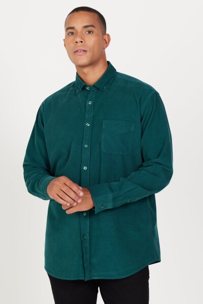 AC&Co Altınyıldız Classics Men's Dark Green Comfort Fit Wide-Fit Buttoned Collar Velvet Shirt