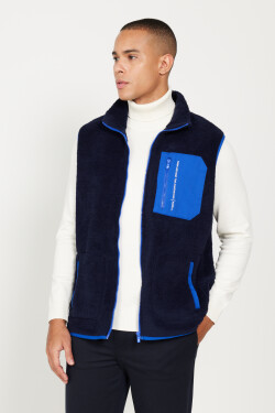 AC&Co Altınyıldız Classics Men's Navy Blue Standard Fit Normal Fit High Neck Sherpa Fleece Vest