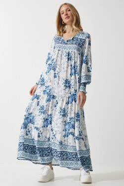 Happiness İstanbul Women's Sky Blue Patterned Oversize Long Viscose Dress