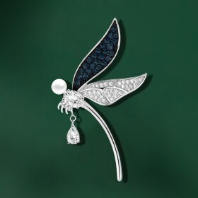 Luxusní brož s perlou a zirkony Magdalena - vážka, Stříbrná