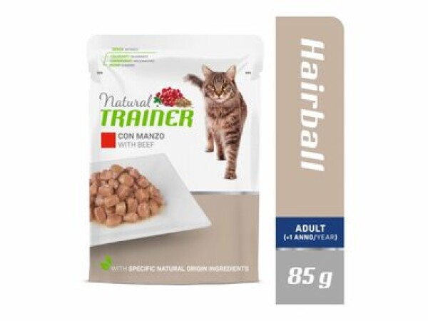 Natural Trainer Cat Adult HAIRBALL hovězí 85 g / Kapsička pro kočky (8059149257266)