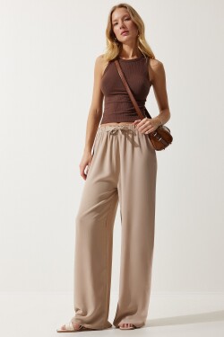 Happiness İstanbul Women's Beige Summer Viscose Palazzo Trousers
