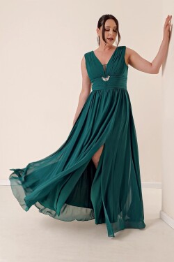 By Saygı Front Back V-Neck Stone Detailed Waist Draped Plus Size Chiffon Long Dress with Front Slit Emerald