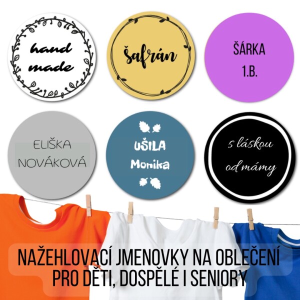 Jmenovky pro děti, dospělé, seniory SOFTLY SADA 30mm (20ks), vlastní text, nažehlovačka na oblečení