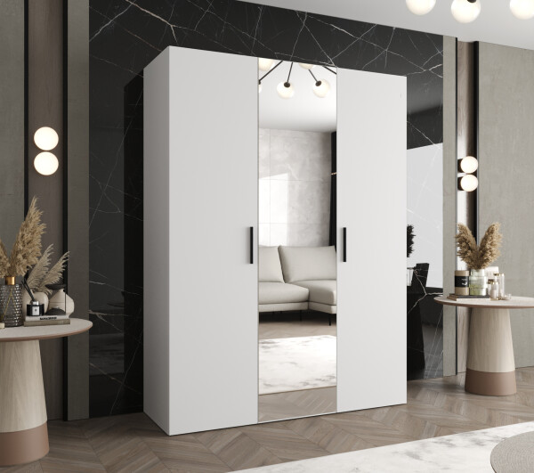 Šatní skříň Abi Bari 2 Rozměry: 150 cm, Pásky / úchyty: Černá, Barva korpusu + barva dveří: Bílá + Bílá