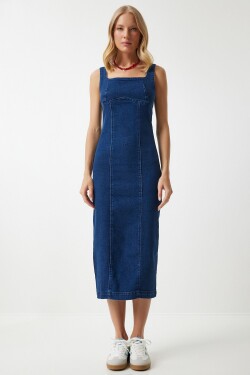 Happiness İstanbul Women's Blue Zippered Strappy Midi Denim Dress