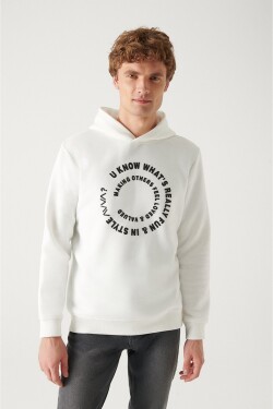 Avva Men's White Hooded Thread Fleece Inside Printed Regular Fit Sweatshirt