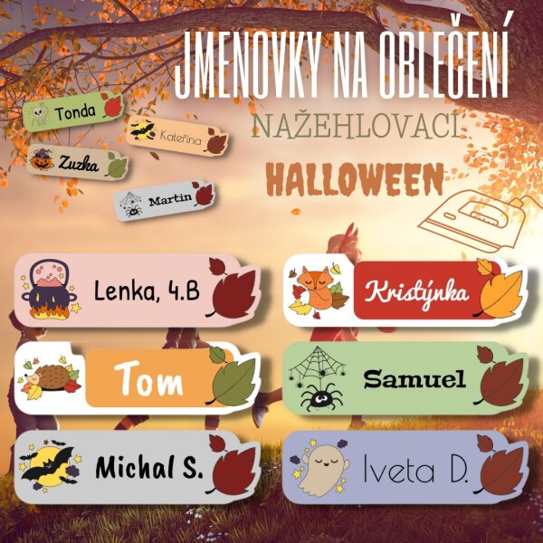 39x Nažehlovačky - vlastní štítky se jménem Halloween 40x12mm, různé obrázky