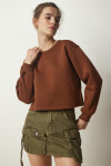 Happiness İstanbul Women's Brown Crew Neck Raised Crop Knitted Sweatshirt
