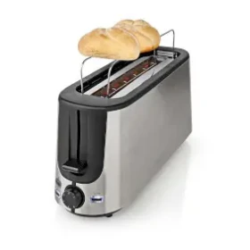 Nedis KABT310EAL stříbrná / Topinkovač / 1000 W / 1 dlouhý slot / 6 stupňů opečení / funkce rozmrazování / stojan (KABT310EAL)
