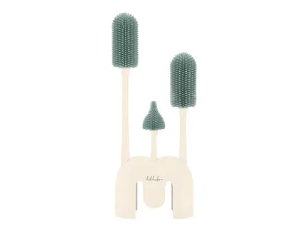 KikkaBoo Sada kartáčů na láhve 3 ks se stojanem Platinum Silicone Sage / od narození / silikon bez BPA (31302050049KB)