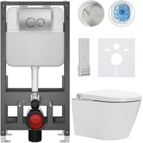 CERANO Závěsné WC s bidetem Basic/Cronus Premium - bílá lesklá - WC tlačítko Dualo/Stříbrná - volně stojící - předstěnová instalace - 59,3x38,4 cm