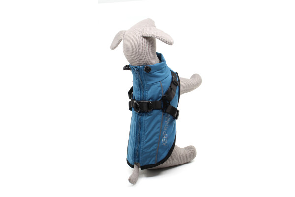 Aero zimní bunda pro psa s postrojem Barva: Modrá, Délka zad (cm): 23, Obvod hrudníku: 34 - 38 cm