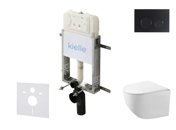 Kielle - Genesis New Set předstěnové instalace, kompaktního klozetu Gaia, Rimless, sedátka softclose a tlačítka Gemini New II, matná černá 30528SZ87