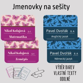 15x Samolepky do školy se jménem 47x35 mm, jmenovky na sešity, knihy a školní potřeby