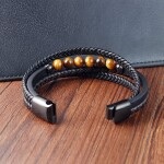 Pánský náramek Berto - 8 mm tygří oko, ocel, kůže, Černá 23 cm